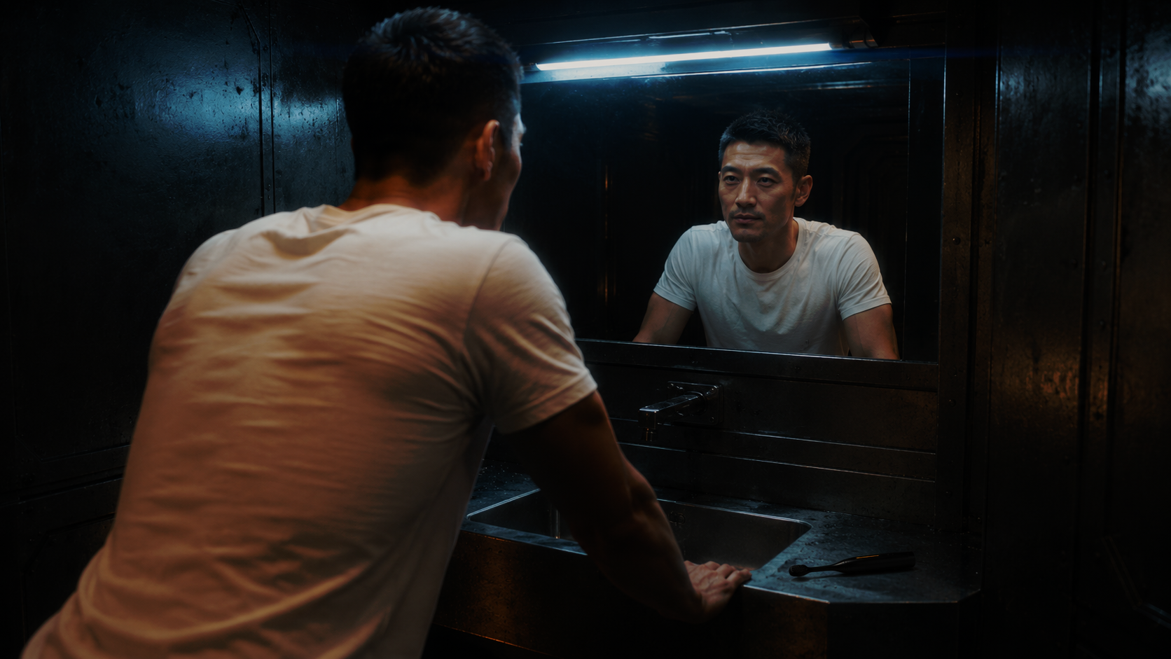 Chris at mirror — production still