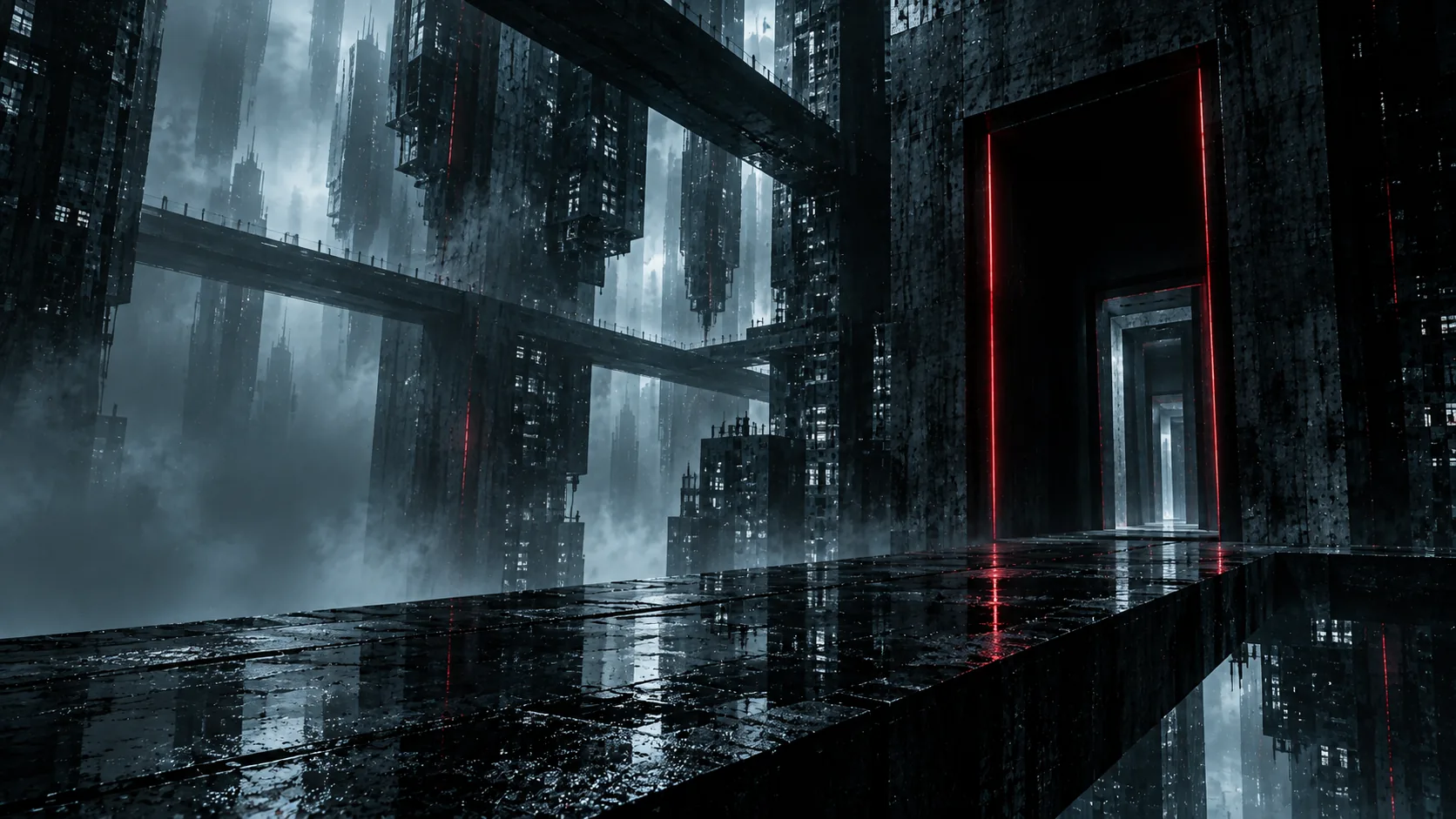 Rain-dark monumental architecture opening onto a black threshold