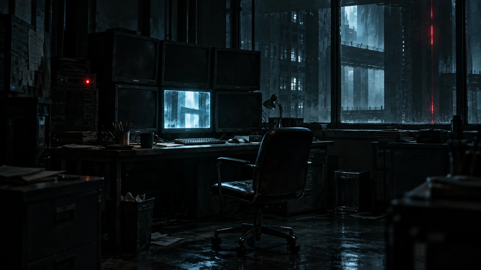 Empty control room lit by a cyan monitor