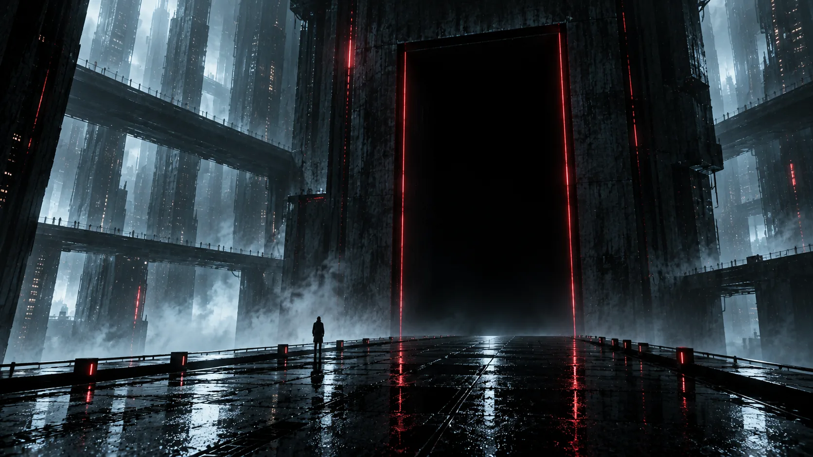 Rain-dark platform facing a monumental black threshold